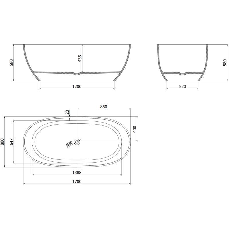 Mexen Pure dark slate blue freestanding transparent bath 170 x 80 cm, chrome plug - 58071708010