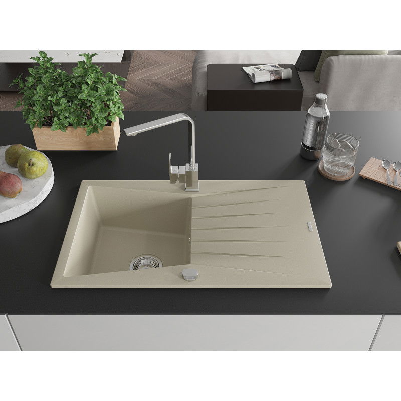Mexen Cesar granite sink 1-bowl with drainer and Rita kitchen tap, beige - 6514-69-670300-00