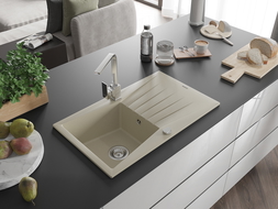 Mexen Cesar 1-compartment granite sink with a drip tray and kitchen mixer tap Rita, Beige - 6514-69-670300-00