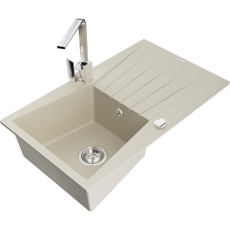 Mexen Cesar 1-bowl granite sink with drainer and Rita kitchen faucet, beige - 6514-69-670300-00