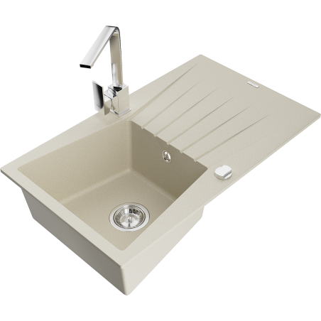 Mexen Cesar 1-compartment granite sink with a drip tray and kitchen mixer tap Rita, Beige - 6514-69-670300-00