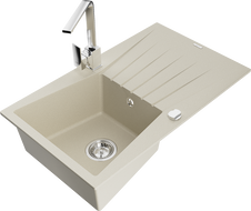 Mexen Cesar granite sink 1-bowl with drainer and Rita kitchen tap, beige - 6514-69-670300-00