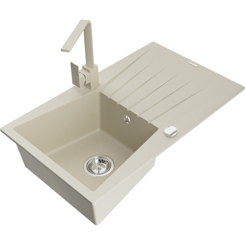 Mexen Cesar granit sink 1-bowl with drainer and kitchen faucet Rita, beige - 6514-69-670300-69