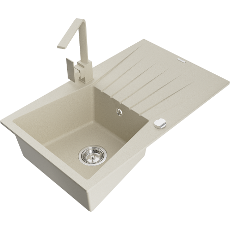Mexen Cesar 1-compartment granite sink with a drip tray and kitchen mixer tap Rita, Beige - 6514-69-670300-69
