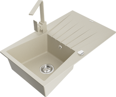 Mexen Cesar 1-compartment granite sink with a drip tray and kitchen mixer tap Rita, Beige - 6514-69-670300-69