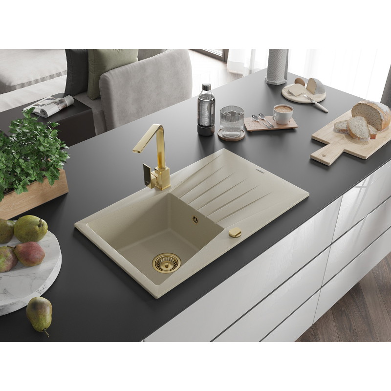 Mexen Cesar 1-bowl granite sink with drainer and Rita kitchen faucet, beige - 6514-69-670300-50