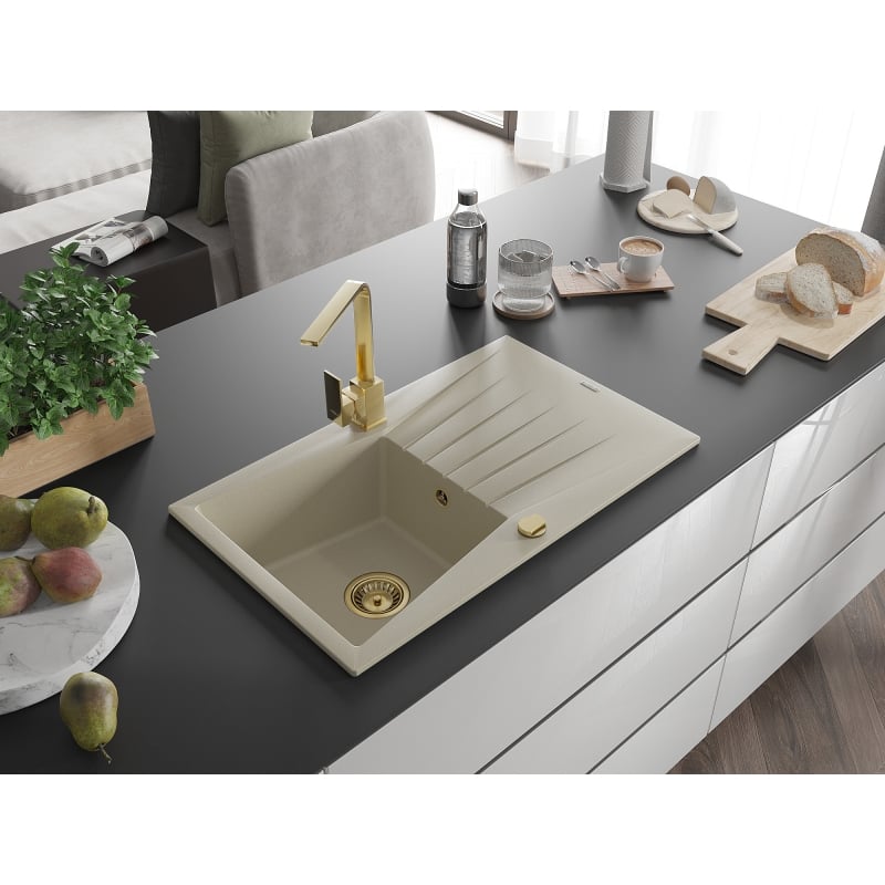 Mexen Cesar granite kitchen sink 1-bowl with drainer and kitchen faucet Rita, beige - 6514-69-670300-50
