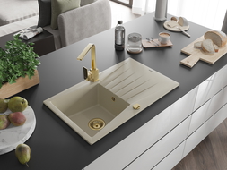 Mexen Cesar 1-compartment granite sink with a drip tray and kitchen mixer tap Rita, Beige - 6514-69-670300-50