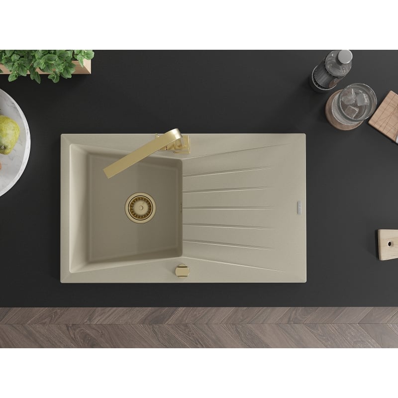 Mexen Cesar granite kitchen sink 1-bowl with drainer and kitchen faucet Rita, beige - 6514-69-670300-50