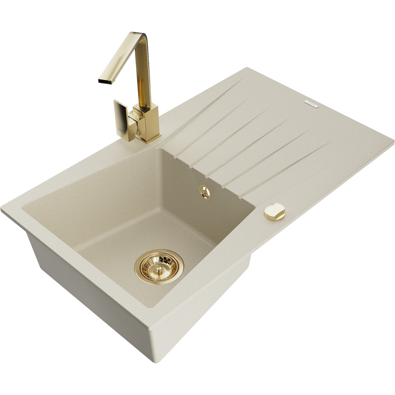 Mexen Cesar 1-bowl granite sink with drainer and kitchen tap Rita, beige - 6514-69-670300-50