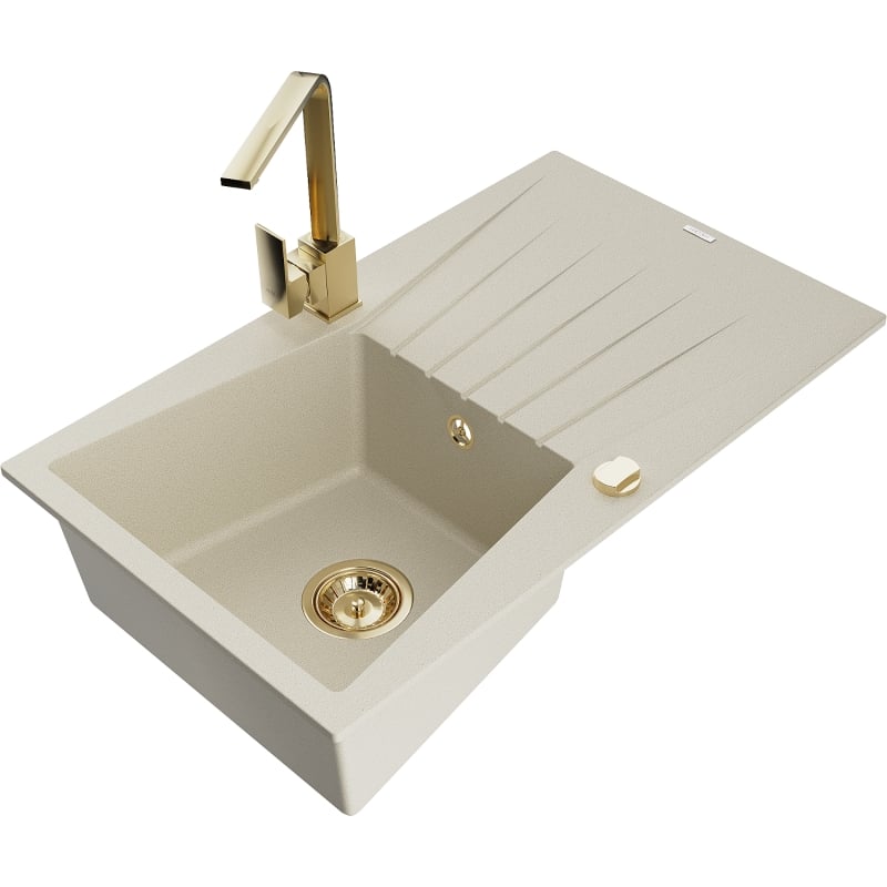 Mexen Cesar granite kitchen sink 1-bowl with drainer and kitchen faucet Rita, beige - 6514-69-670300-50