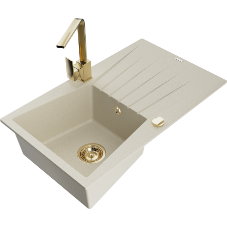 Mexen Cesar 1-bowl granite sink with drainer and Rita kitchen faucet, beige - 6514-69-670300-50