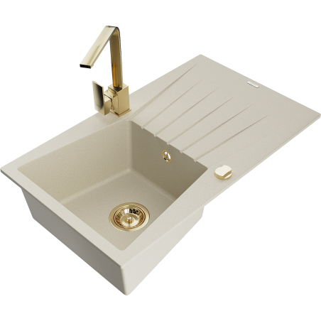 Mexen Cesar granite kitchen sink 1-bowl with drainer and kitchen faucet Rita, beige - 6514-69-670300-50
