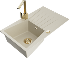Mexen Cesar 1-bowl granite sink with drainer and Rita kitchen faucet, beige - 6514-69-670300-50