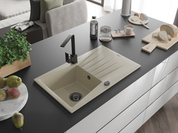 Mexen Cesar 1-compartment granite sink with a drip tray and kitchen mixer tap Rita, Beige - 6514-69-670300-70