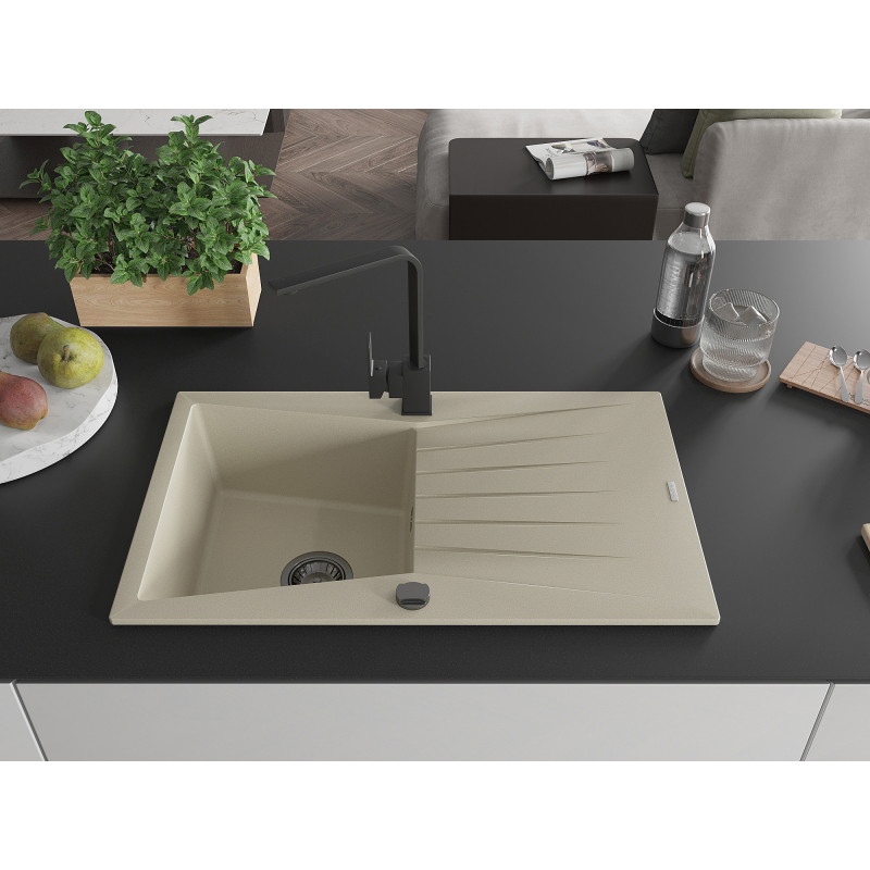 Mexen Cesar granite kitchen sink 1-bowl with drainer and Rita kitchen faucet, beige - 6514-69-670300-70