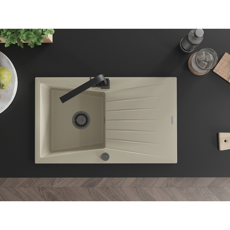 Mexen Cesar granite kitchen sink 1-bowl with drainer and kitchen faucet Rita, beige - 6514-69-670300-70