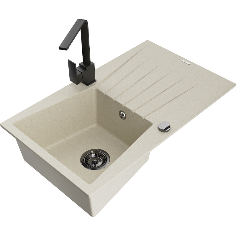Mexen Cesar 1-compartment granite sink with a drip tray and kitchen mixer tap Rita, Beige - 6514-69-670300-70