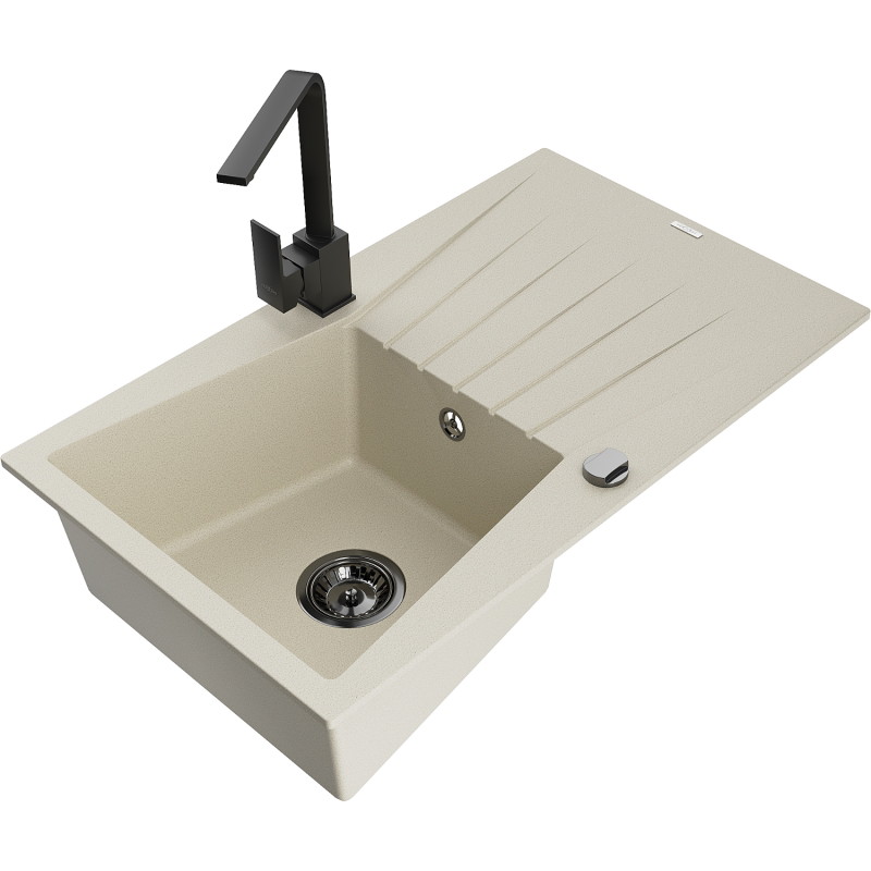 Mexen Cesar granite kitchen sink 1-bowl with drainer and kitchen faucet Rita, beige - 6514-69-670300-70