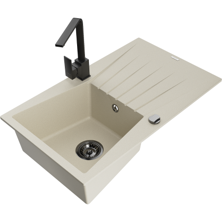 Mexen Cesar 1-compartment granite sink with a drip tray and kitchen mixer tap Rita, Beige - 6514-69-670300-70