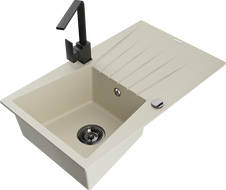 Mexen Cesar granite kitchen sink 1-bowl with drainer and Rita kitchen faucet, beige - 6514-69-670300-70