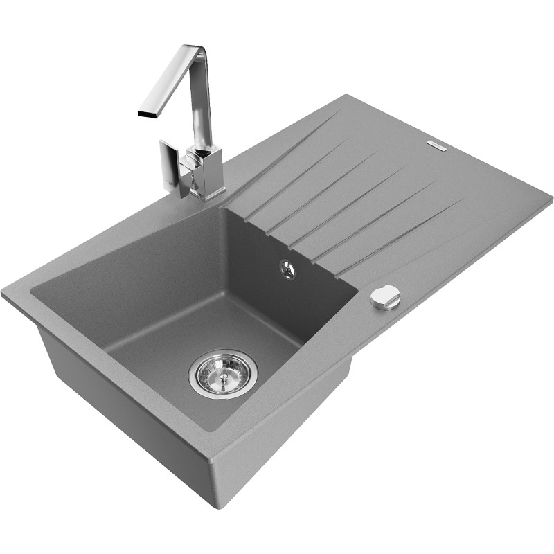 Mexen Cesar 1-bowl granite kitchen sink with drainer and Rita kitchen faucet, gray - 6514-71-670300-00