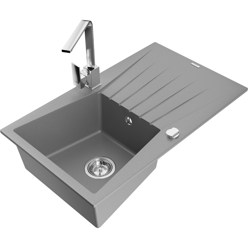 Mexen Cesar 1-compartment granite sink with a drip tray and kitchen mixer tap Rita, Grey - 6514-71-670300-00