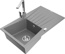 Mexen Cesar granite kitchen sink 1-bowl with drainer and Rita kitchen faucet, gray - 6514-71-670300-00