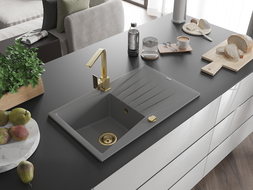Mexen Cesar 1-compartment granite sink with a drip tray and kitchen mixer tap Rita, Grey - 6514-71-670300-50