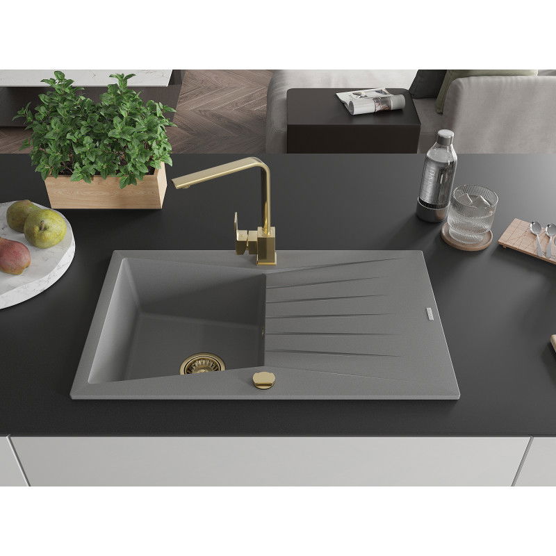 Mexen Cesar 1-bowl granite sink with drainer and Rita kitchen tap, grey - 6514-71-670300-50