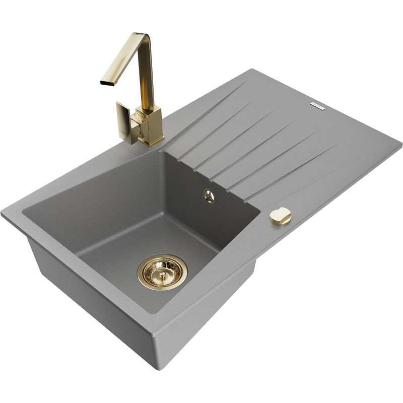 Mexen Cesar 1-compartment granite sink with a drip tray and kitchen mixer tap Rita, Grey - 6514-71-670300-50