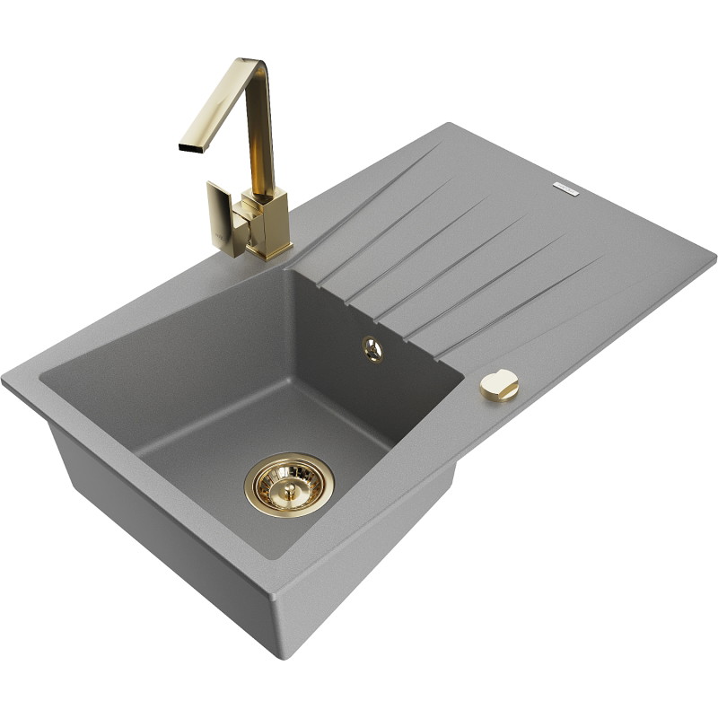 Mexen Cesar granit kitchen sink 1-bowl with drainer and Rita kitchen faucet, gray - 6514-71-670300-50