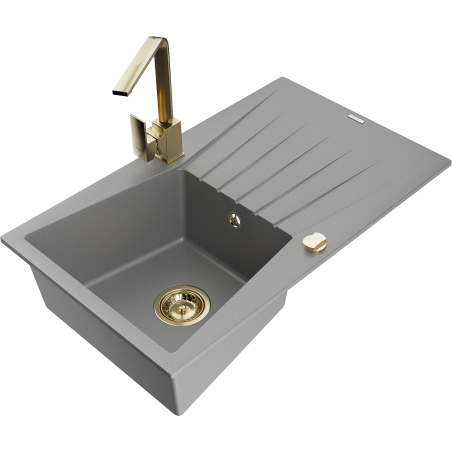Mexen Cesar 1-compartment granite sink with a drip tray and kitchen mixer tap Rita, Grey - 6514-71-670300-50