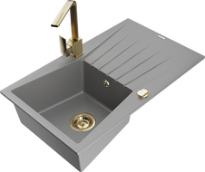 Mexen Cesar 1-compartment granite sink with a drip tray and kitchen mixer tap Rita, Grey - 6514-71-670300-50