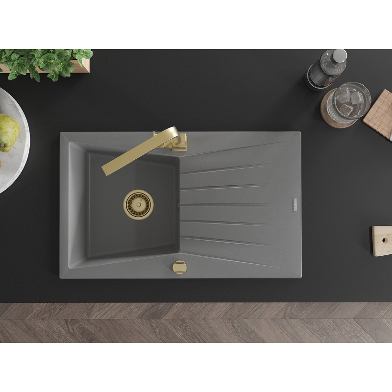 Mexen Cesar granite kitchen sink 1-bowl with drainer and kitchen faucet Rita, gray - 6514-71-670300-50