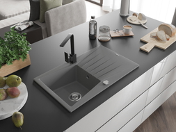 Mexen Cesar 1-bowl granite sink with drainer and Rita kitchen faucet, gray - 6514-71-670300-70