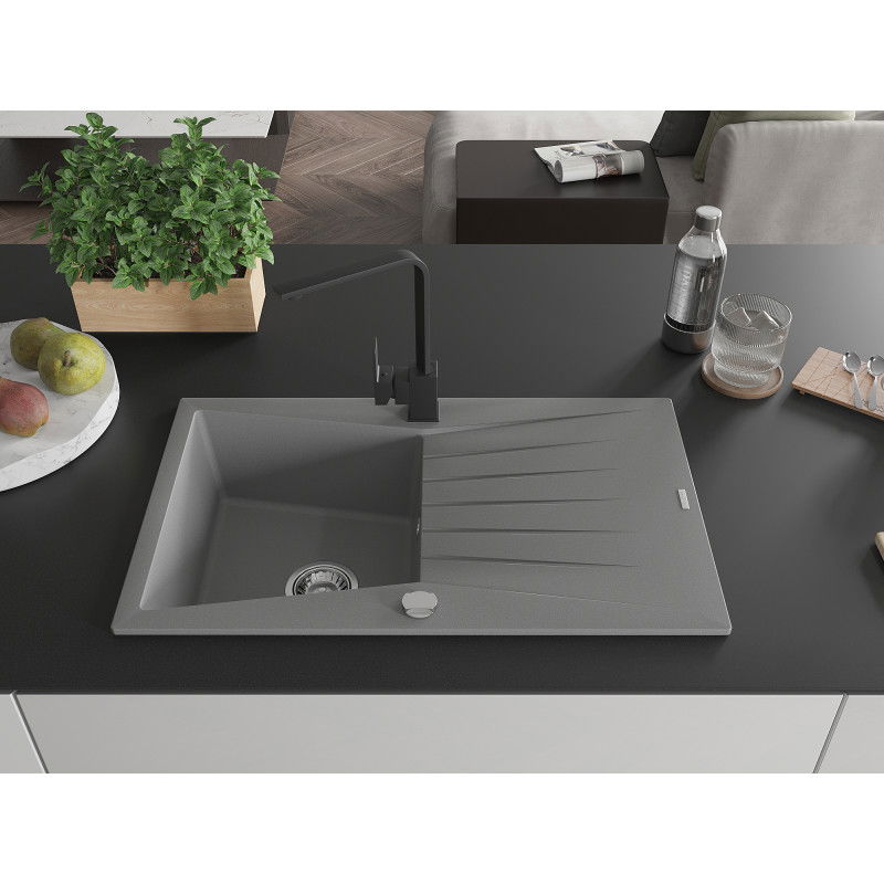 Mexen Cesar granite sink 1-bowl with drainer and Rita kitchen tap, grey - 6514-71-670300-70