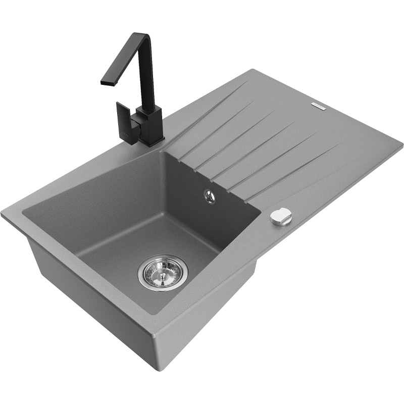 Mexen Cesar 1-bowl granite sink with drainer and kitchen faucet Rita, gray - 6514-71-670300-70