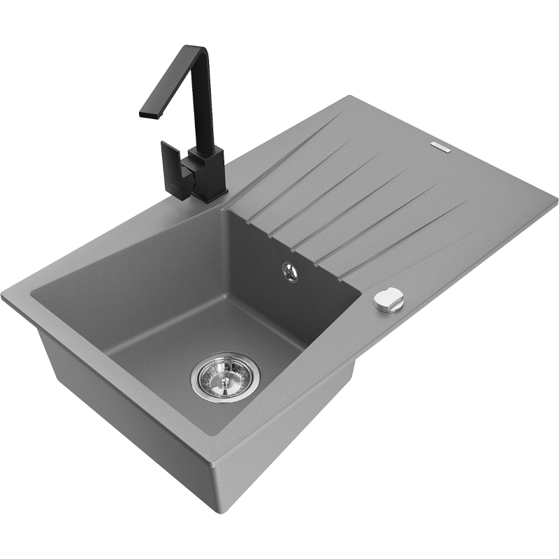 Mexen Cesar granite sink 1-bowl with drainer and Rita kitchen tap, grey - 6514-71-670300-70