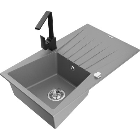 Mexen Cesar 1-compartment granite sink with a drip tray and kitchen mixer tap Rita, Grey - 6514-71-670300-70