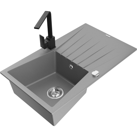 Mexen Cesar granite sink 1-bowl with drainer and Rita kitchen tap, grey - 6514-71-670300-70