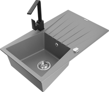 Mexen Cesar granite sink 1-bowl with drainer and Rita kitchen tap, grey - 6514-71-670300-70