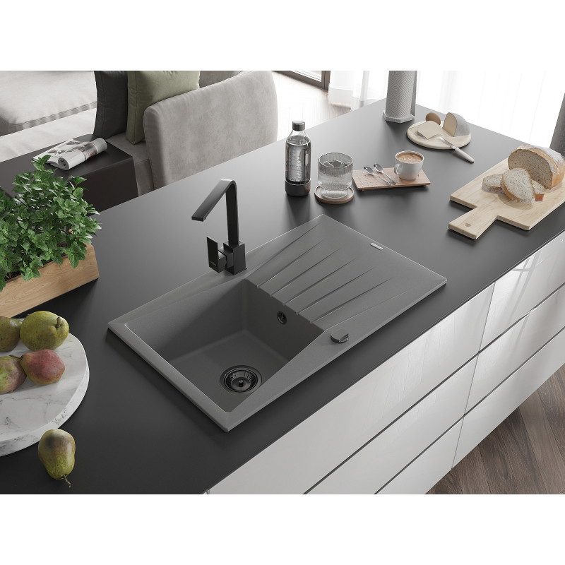 Mexen Cesar 1-bowl granite sink with drainer and kitchen faucet Rita, gray - 6514-71-670300-70-B