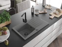 Mexen Cesar 1-bowl granite sink with drainer and kitchen faucet Rita, gray - 6514-71-670300-70-B