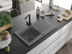 Mexen Cesar 1-compartment granite sink with a drip tray and kitchen mixer tap Rita, Grey - 6514-71-670300-70-B