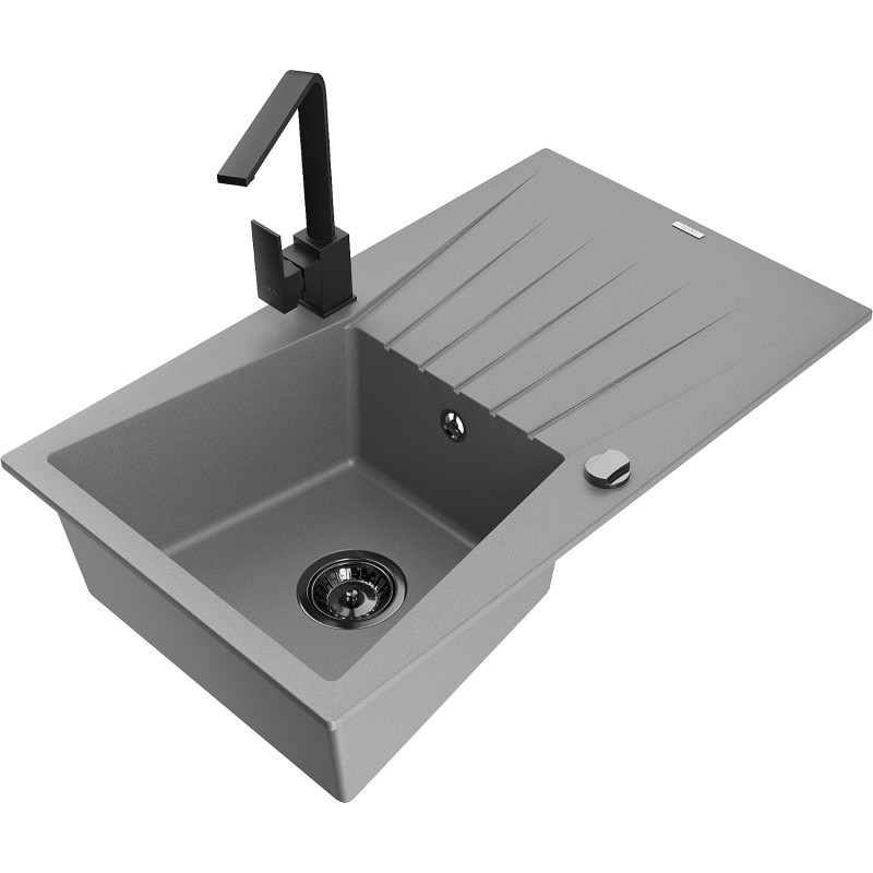 Mexen Cesar 1-bowl granite sink with drainer and kitchen faucet Rita, gray - 6514-71-670300-70-B