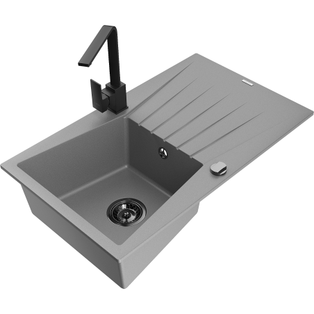 Mexen Cesar 1-compartment granite sink with a drip tray and kitchen mixer tap Rita, Grey - 6514-71-670300-70-B