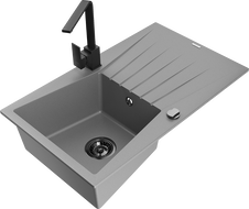 Mexen Cesar 1-compartment granite sink with a drip tray and kitchen mixer tap Rita, Grey - 6514-71-670300-70-B