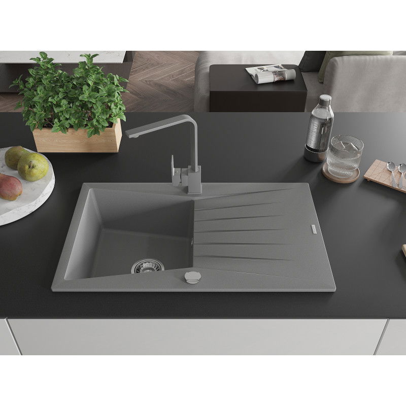 Mexen Cesar single-bowl granite sink with drainer and Rita kitchen tap, grey - 6514-71-670300-71