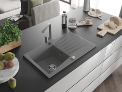 Mexen Cesar 1-compartment granite sink with a drip tray and kitchen mixer tap Rita, Grey - 6514-71-670300-71